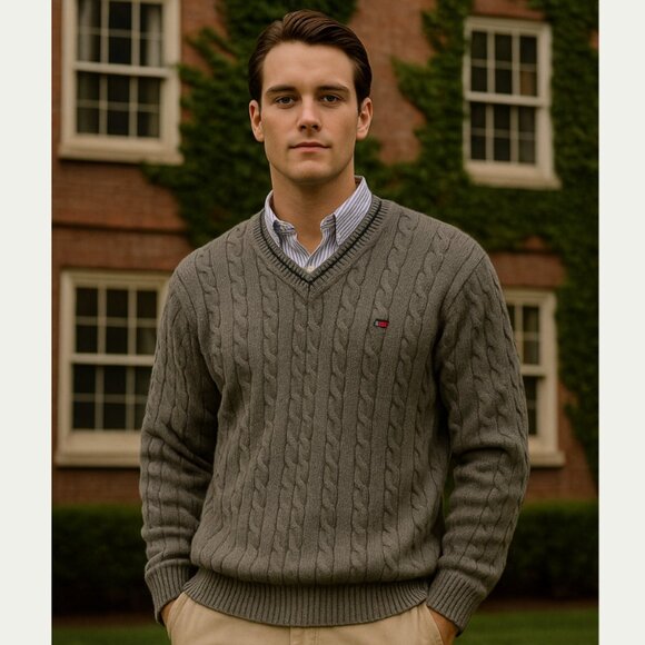 Tommy Hilfiger V-Neck Varsity Tennis Sweater Mens Size M VTG Cotton Cable Knit - Picture 1 of 13